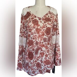 Style&co Petite PL Rich Auburn Vintage Soul Decorative Long Sleeve Top